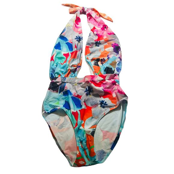 6 Shore Road Floral Cabana Halter Plunge Neck One Piece Swimsuit Size Small NWT - Picture 2 of 6